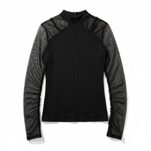 Commense Black Mock Neck Top with Sheer Mesh Sleeves — Size Large — NWT